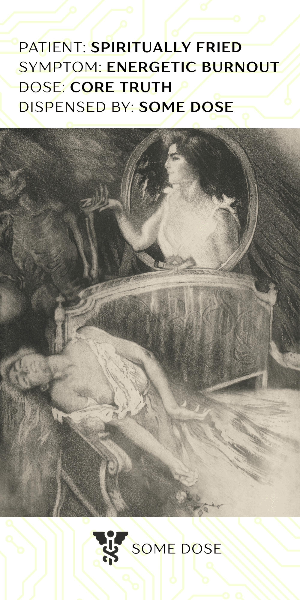 A vintage black and white medical illustration of a woman collapsing in bed. Overlaid with diagnostic text about being spiritually fried and energetically burnt out.
