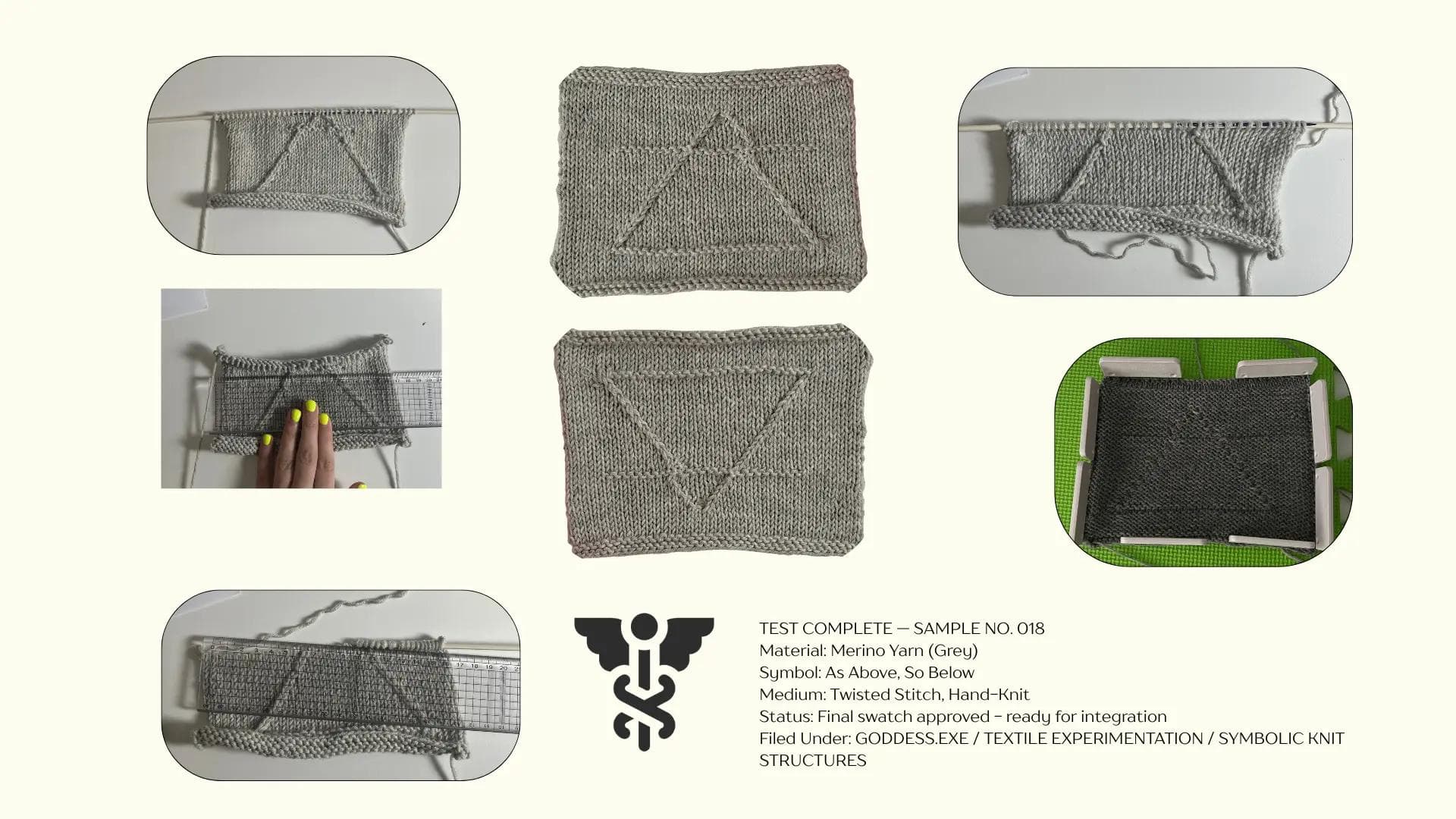 Grid layout showing the process of knitting a twisted stitch symbol for “As Above, So Below” using grey merino yarn. Includes swatch mistakes, chart correction, blocking, and final approved sample with upward and downward triangle motif. Labeled as Sample No. 018 from the GODDESS.EXE textile experimentation series.