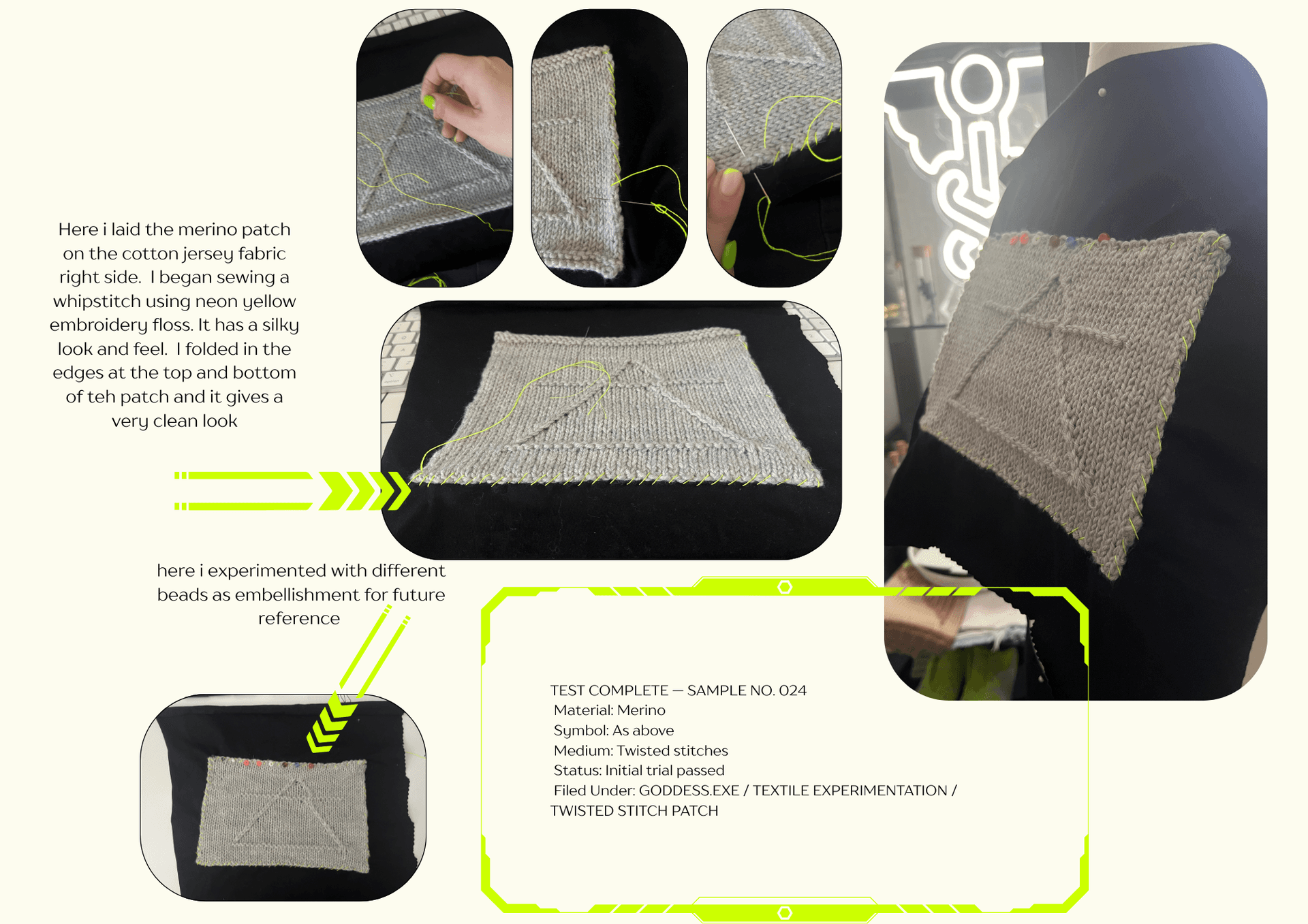 Hand-sewn merino knit patch featuring a twisted stitch triangle motif, whipstitched with neon yellow embroidery floss onto black cotton jersey. Includes bead embellishment tests and close-up in-progress shots demonstrating embroidery and fabric stabilization techniques.