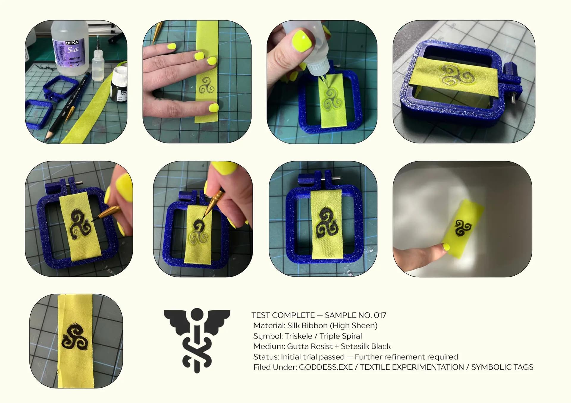 Step-by-step visual documentation of a silk painting test using gutta resist and black Setasilk paint to apply a triskele symbol onto high-sheen silk ribbon, with final stamped lab report confirming material, method, and result for a luxury fashion textile experiment.