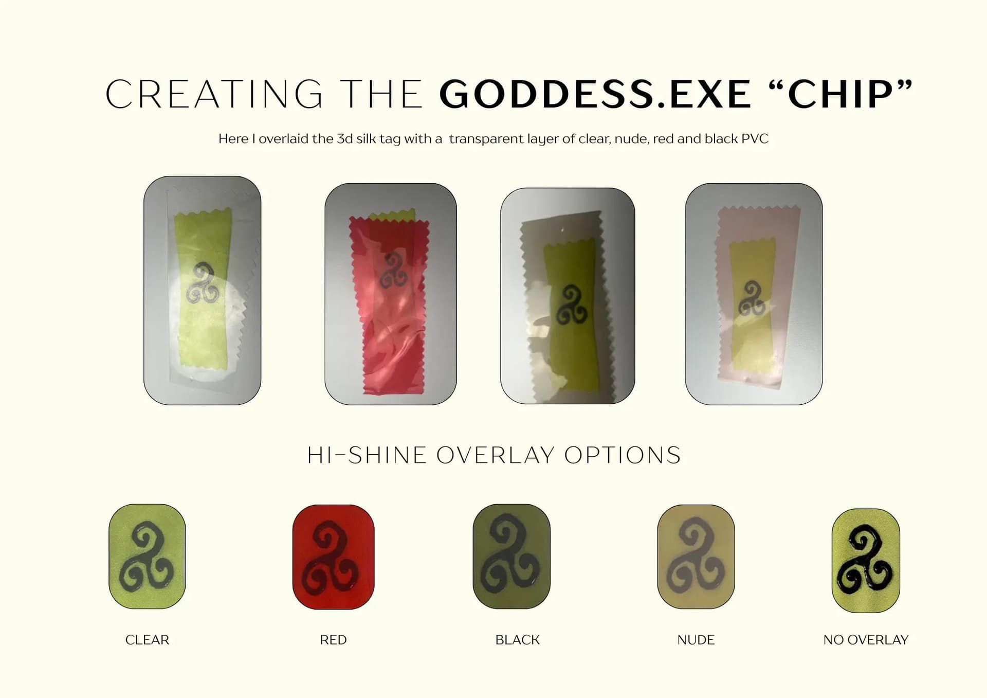 Five silk triskele tags overlaid with clear, red, black, and nude PVC—experimenting with high-shine layers for the GODDESS.EXE “chip” textile component.