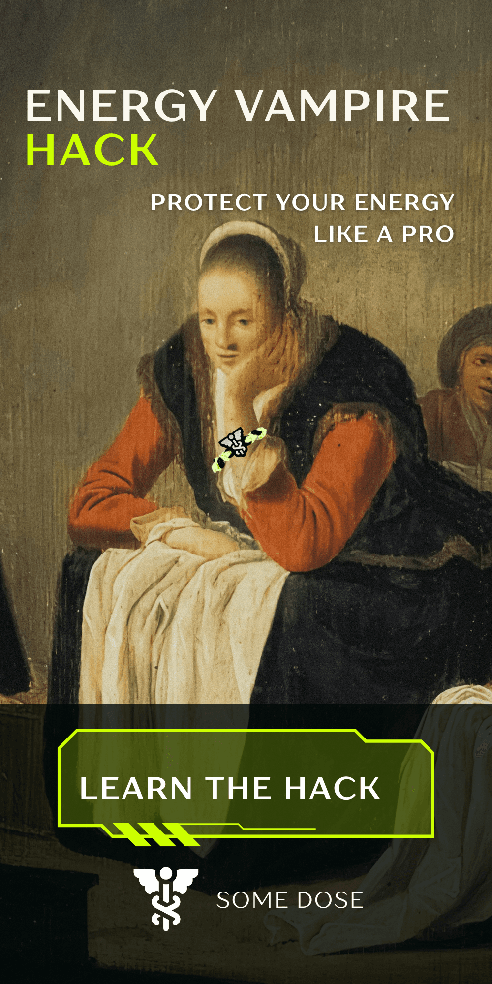Painting of a woman in red and black with glowing bracelet, overlaid text reads “Energy Vampire Hack – Protect Your Energy Like a Pro” with SOME DOSE branding.Tired of getting drained by people who never shut up? Discover how the Antidote Bracelet from SOME DOSE helps protect your energy like a pro. Ward off energy vampires in style.
